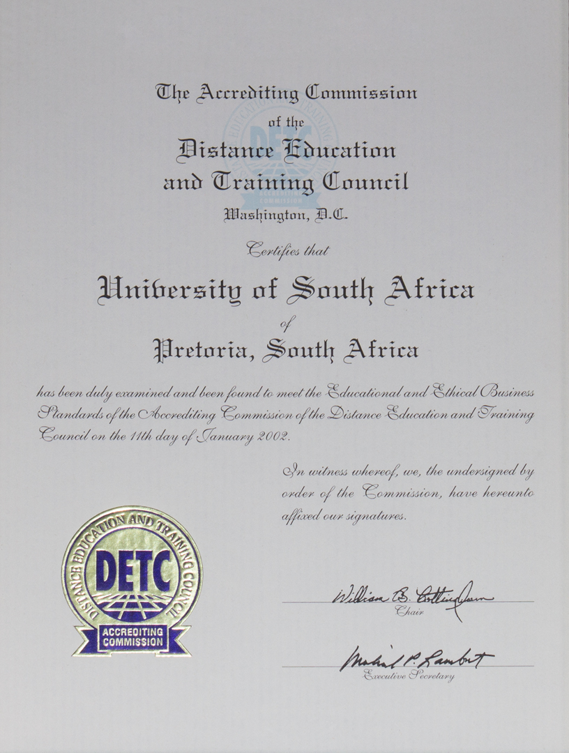 <p>After a rigorous assessment process, Unisa is formally accredited by the US’s Distance Education and Training Council. It becomes the only African institution to be so accredited.</p>